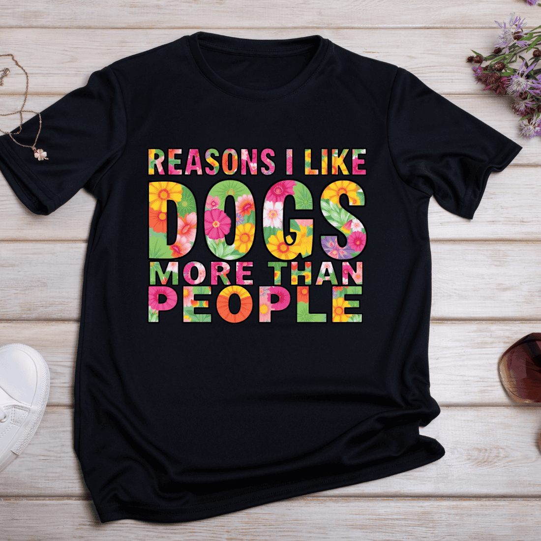 Reasons I Like Dogs Colorful Text T-shirt Design preview image.