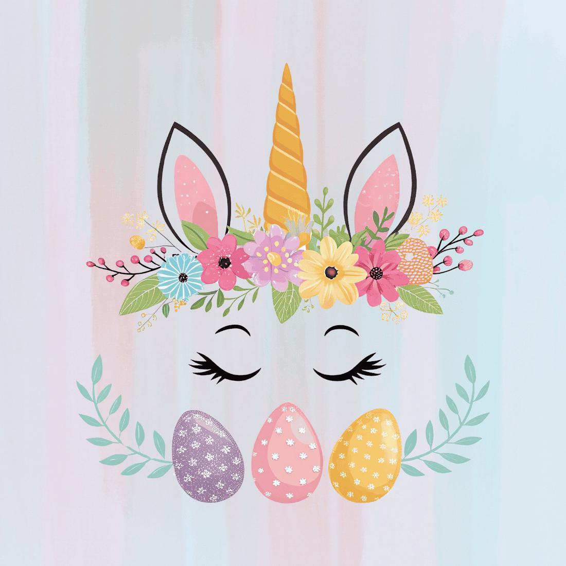 Unicorn and Eggs With Festive Spring T-shirt Design preview image.