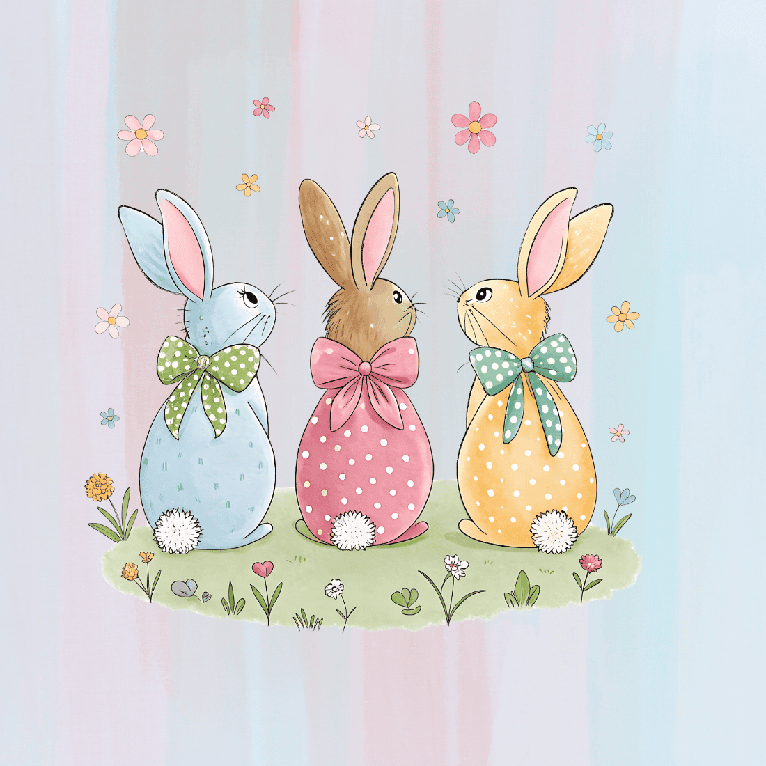 Pastel Bunnies with Flowers T-shirt Design preview image.