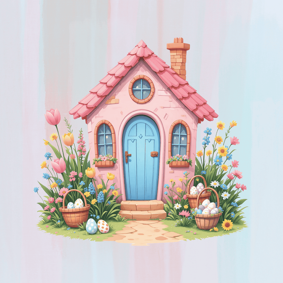 Small Spring Cottage with Chimney T-shirt Design preview image.