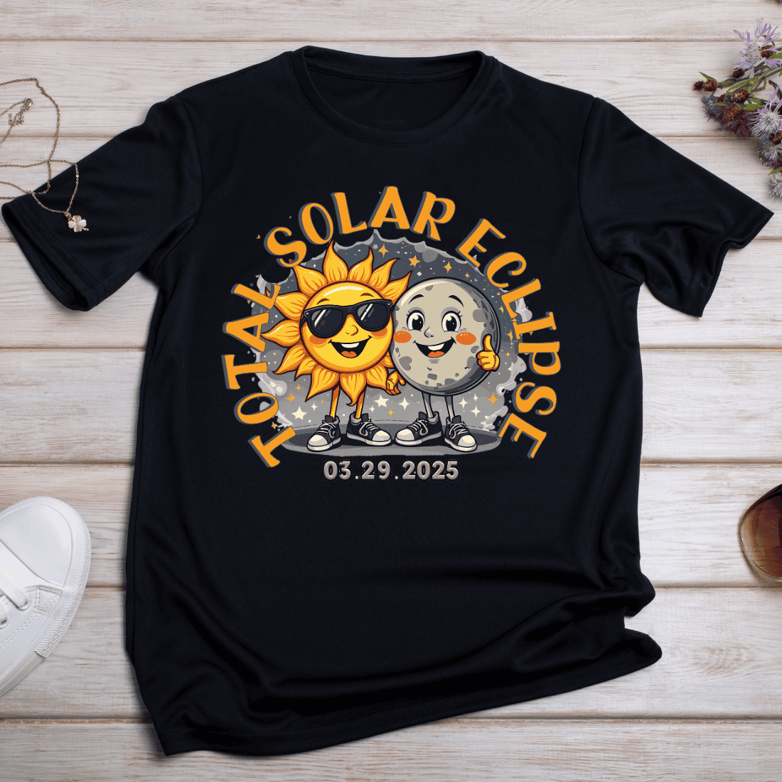 Cute Sun and Moon 2025 Total Solar Eclipse T-shirt Design preview image.