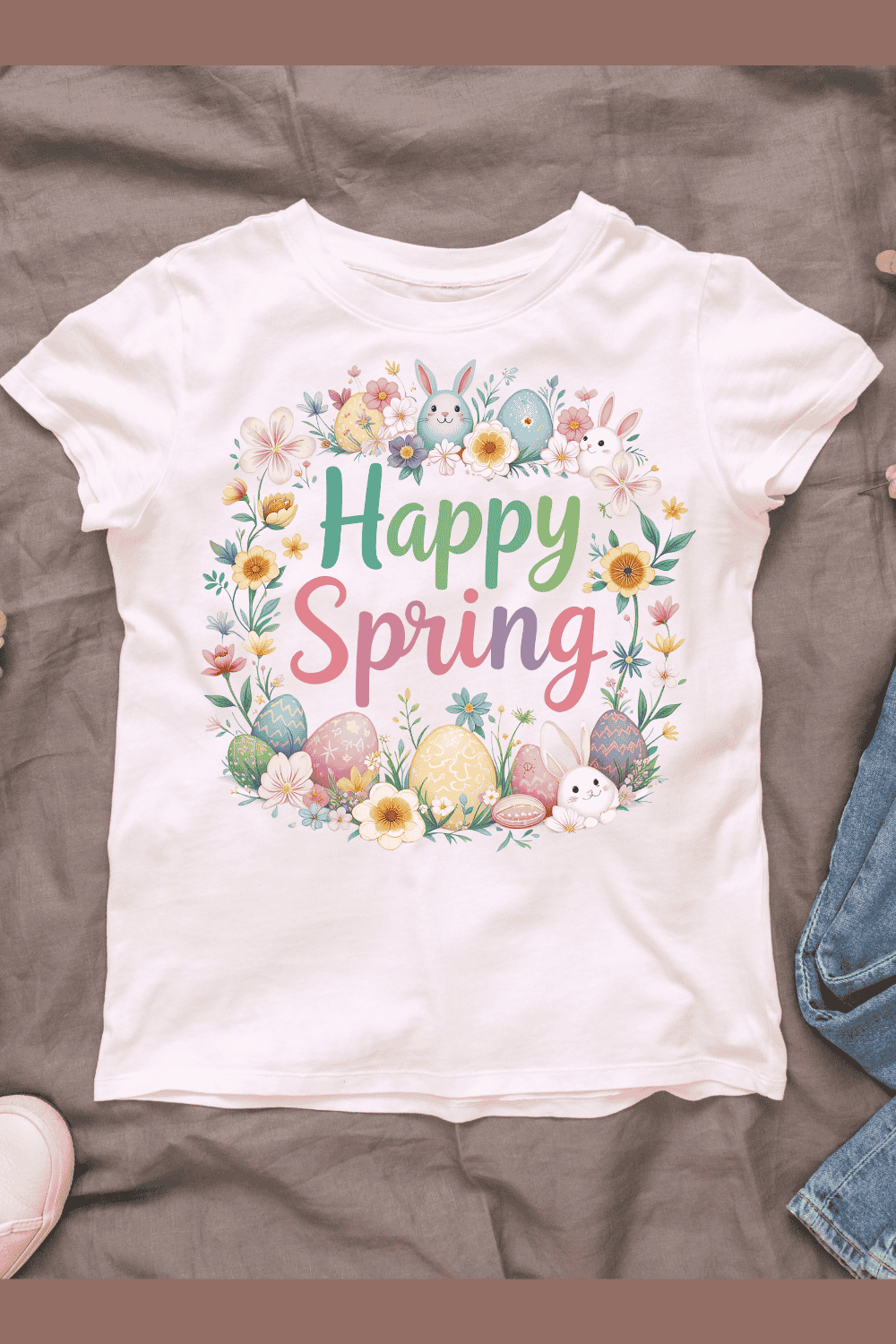 Spring Flowers and Bunny T-shirt Design pinterest preview image.