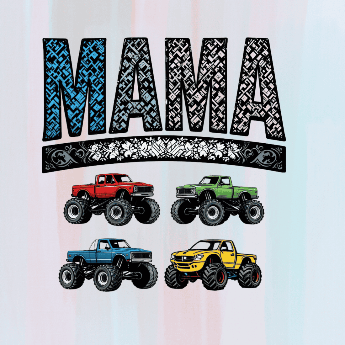 Dark color Mama Monster Truck T-shirt Design preview image.