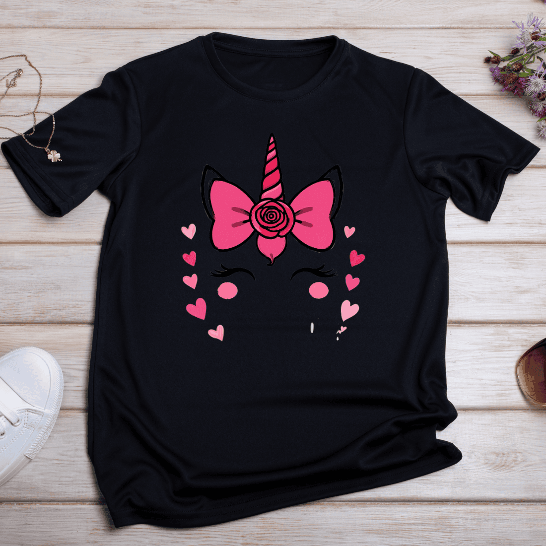 Pink Unicorn with Hearts T-shirt Design preview image.