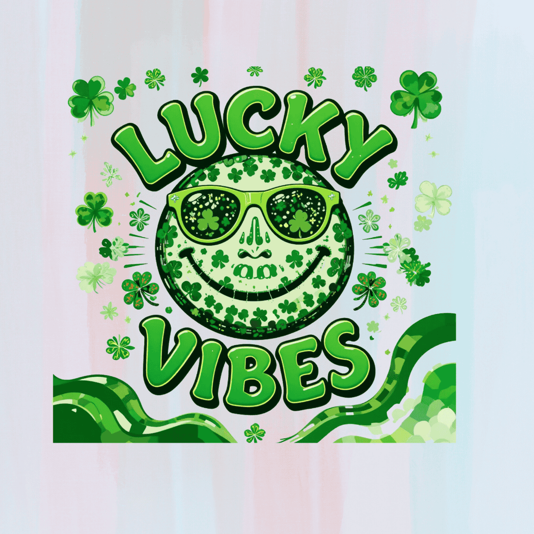 Clover Smiley Face with Lucky Vibes T-shirt Design preview image.