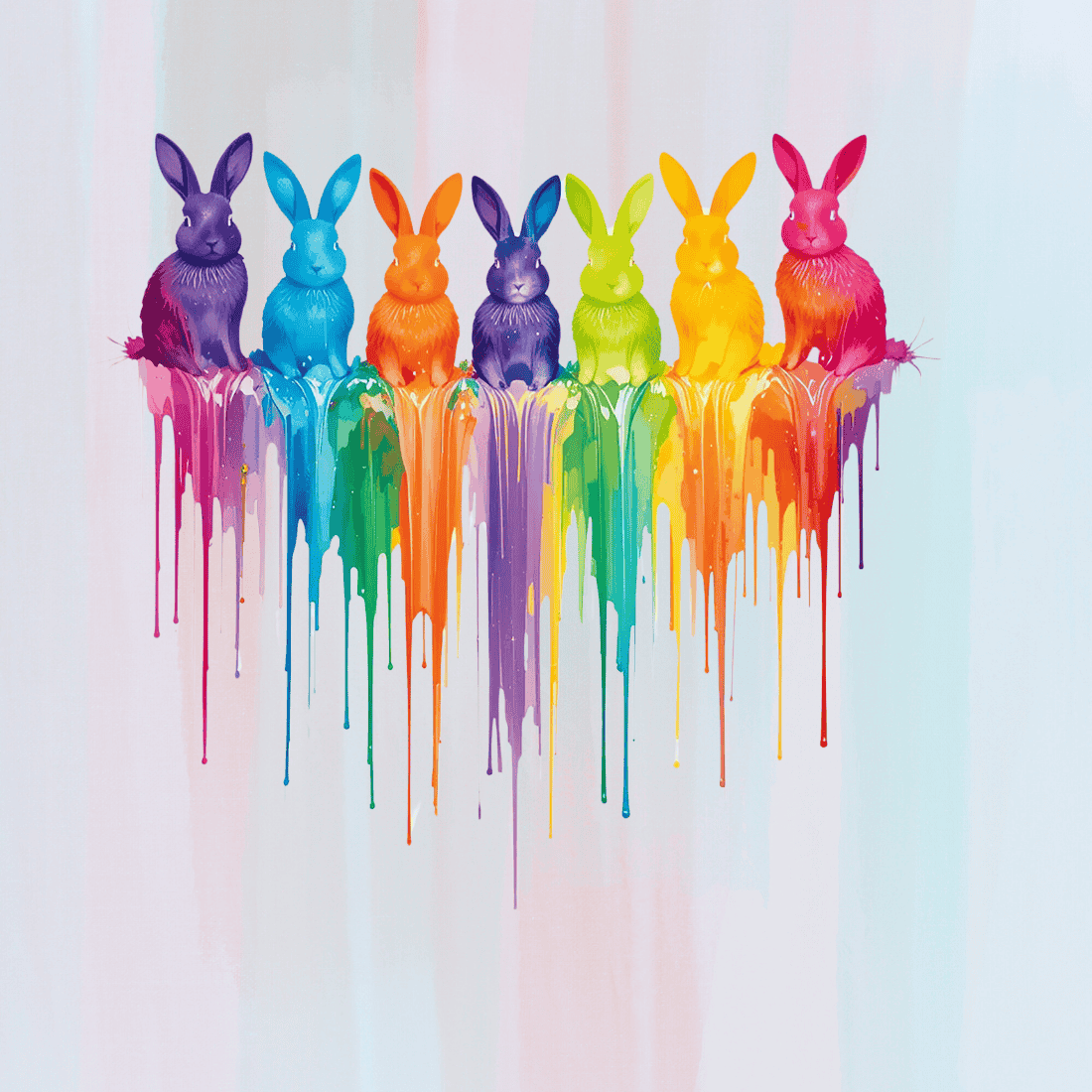 Rainbow of Bunny Silhouettes with Paint Drips T-shirt Design Bundle preview image.