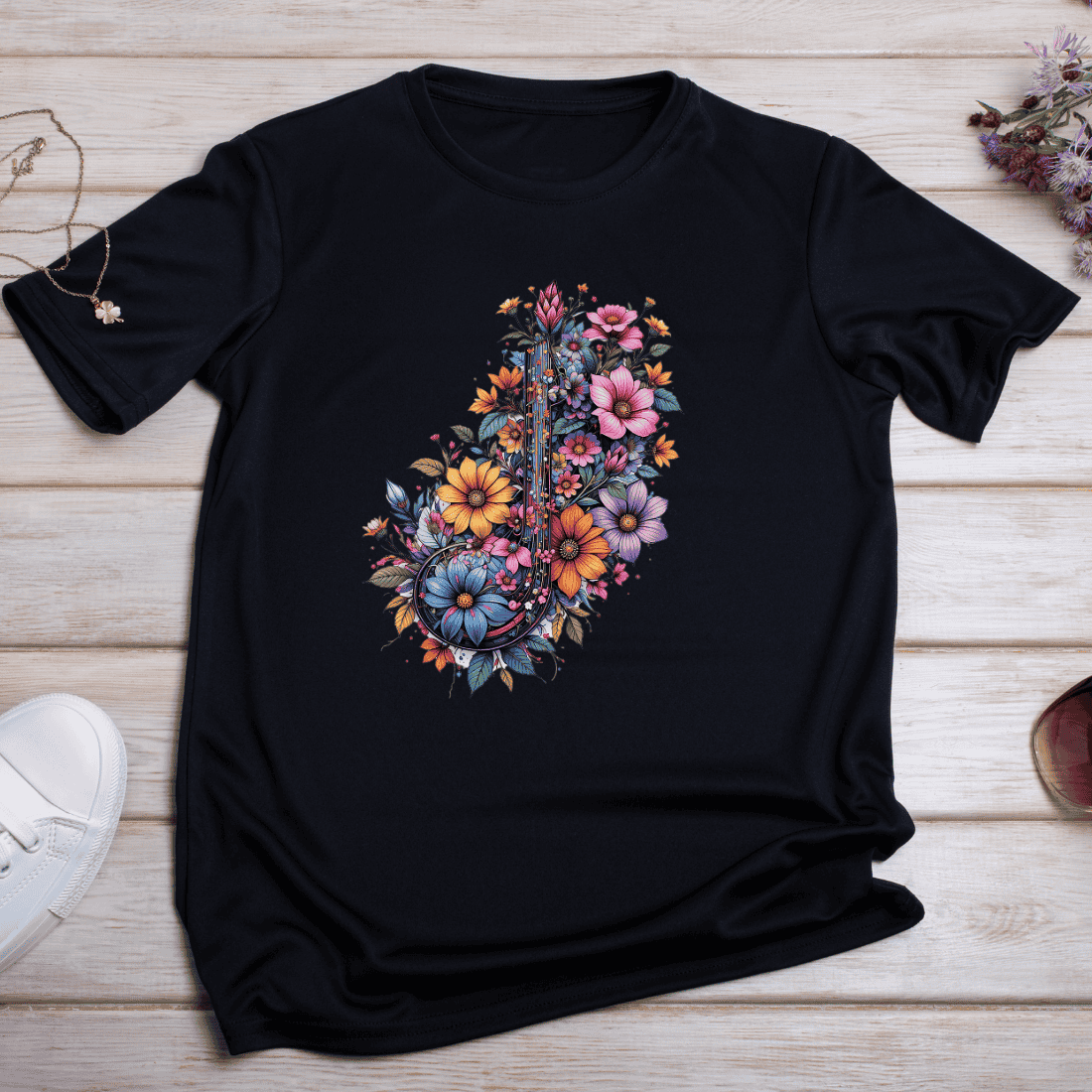 Colorful Floral Music Symbol T-shirt Design preview image.