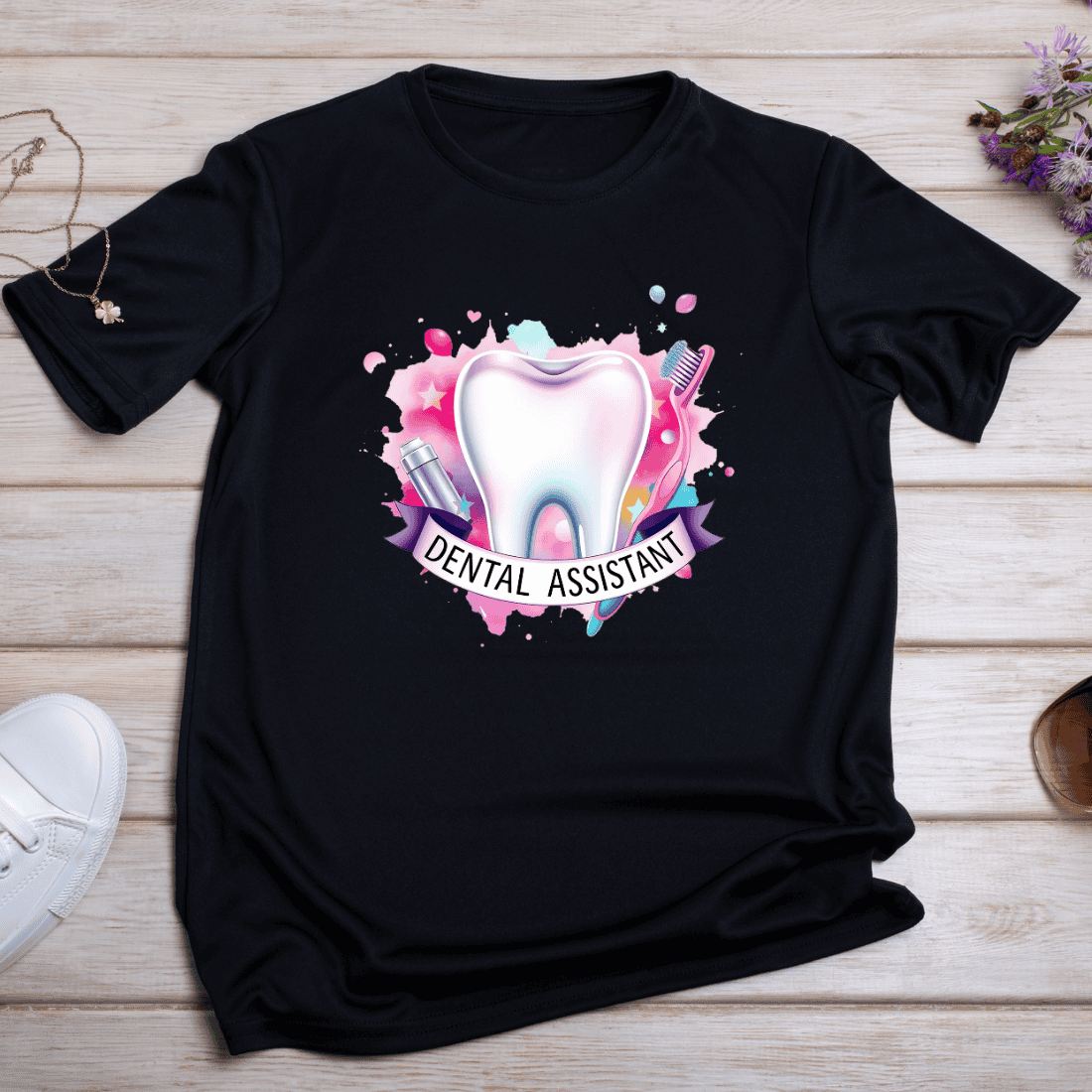 Watercolor Dental Assistant T-shirt Design preview image.