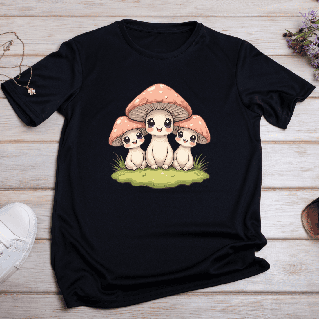 Happy Mushroom Family T-shirt Design preview image.