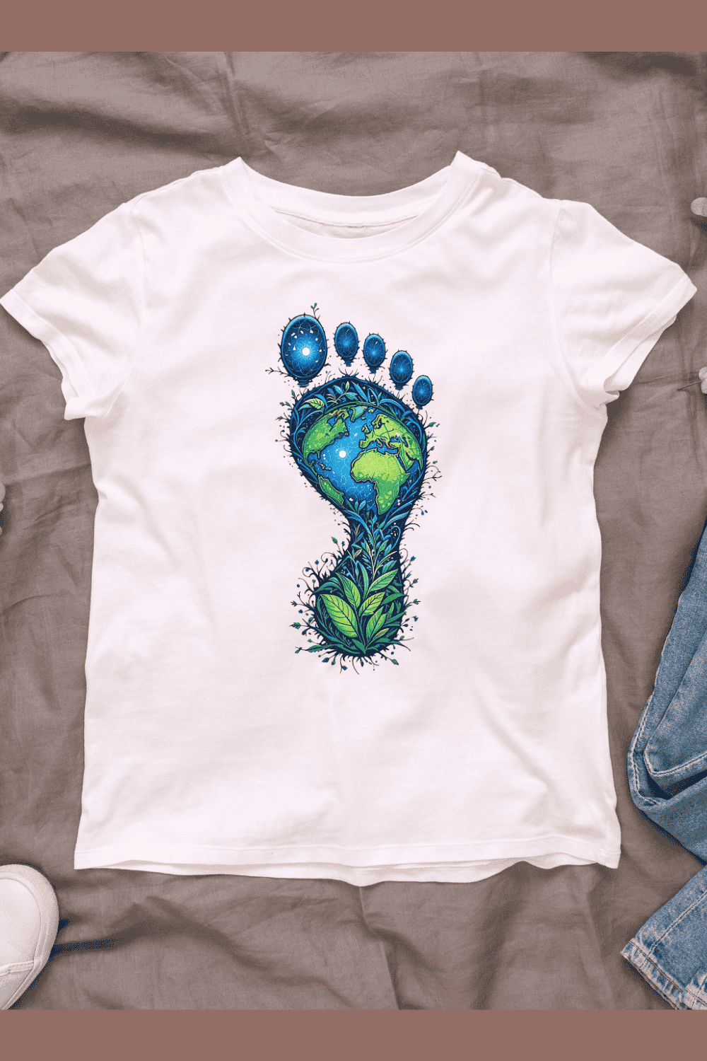 Footprint Shaped Earth with Green Plants T-shirt Design pinterest preview image.