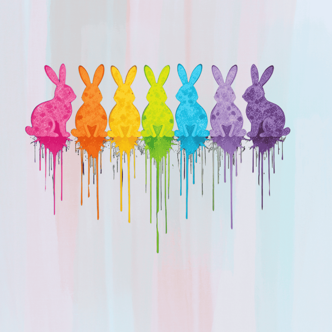 Row of Colorful Bunnies with Dripping Paint T-shirt Design Bundle preview image.