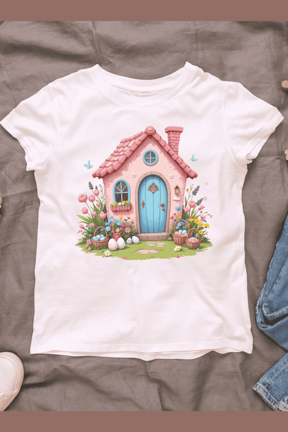 Cottage with Flower Garden and Eggs T-shirt Design pinterest preview image.