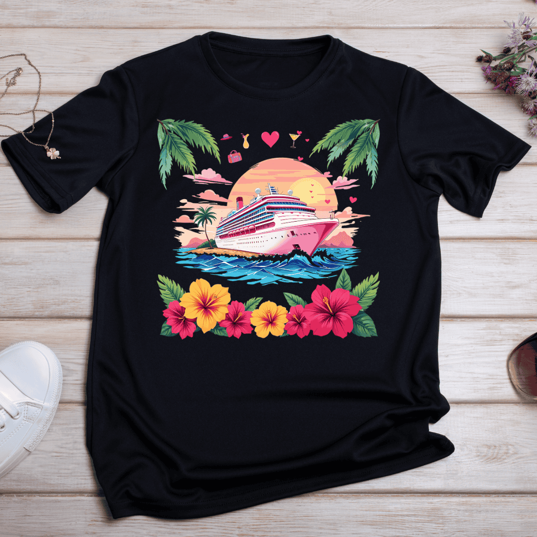 Sunset Cruise Ship T-shirt Design preview image.