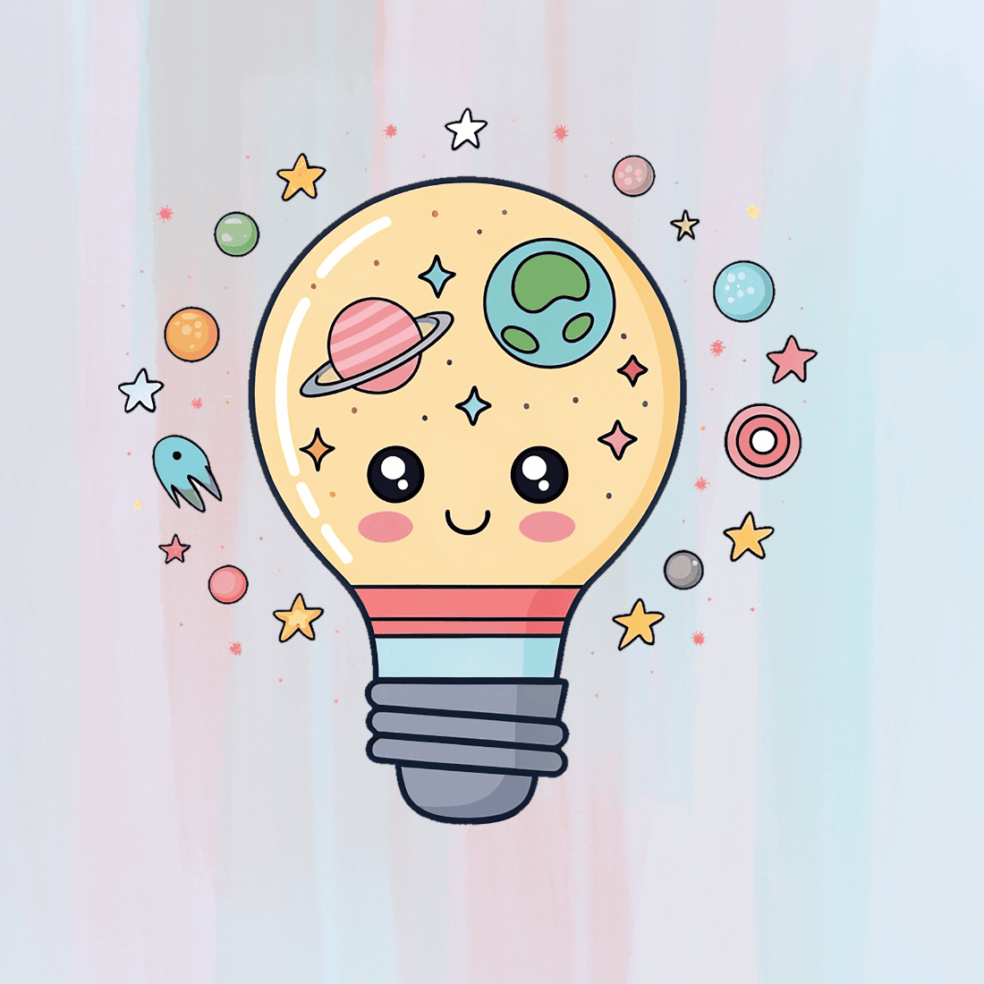 Light Bulb with Face Space and Planet Cartoon T-shirt Design preview image.