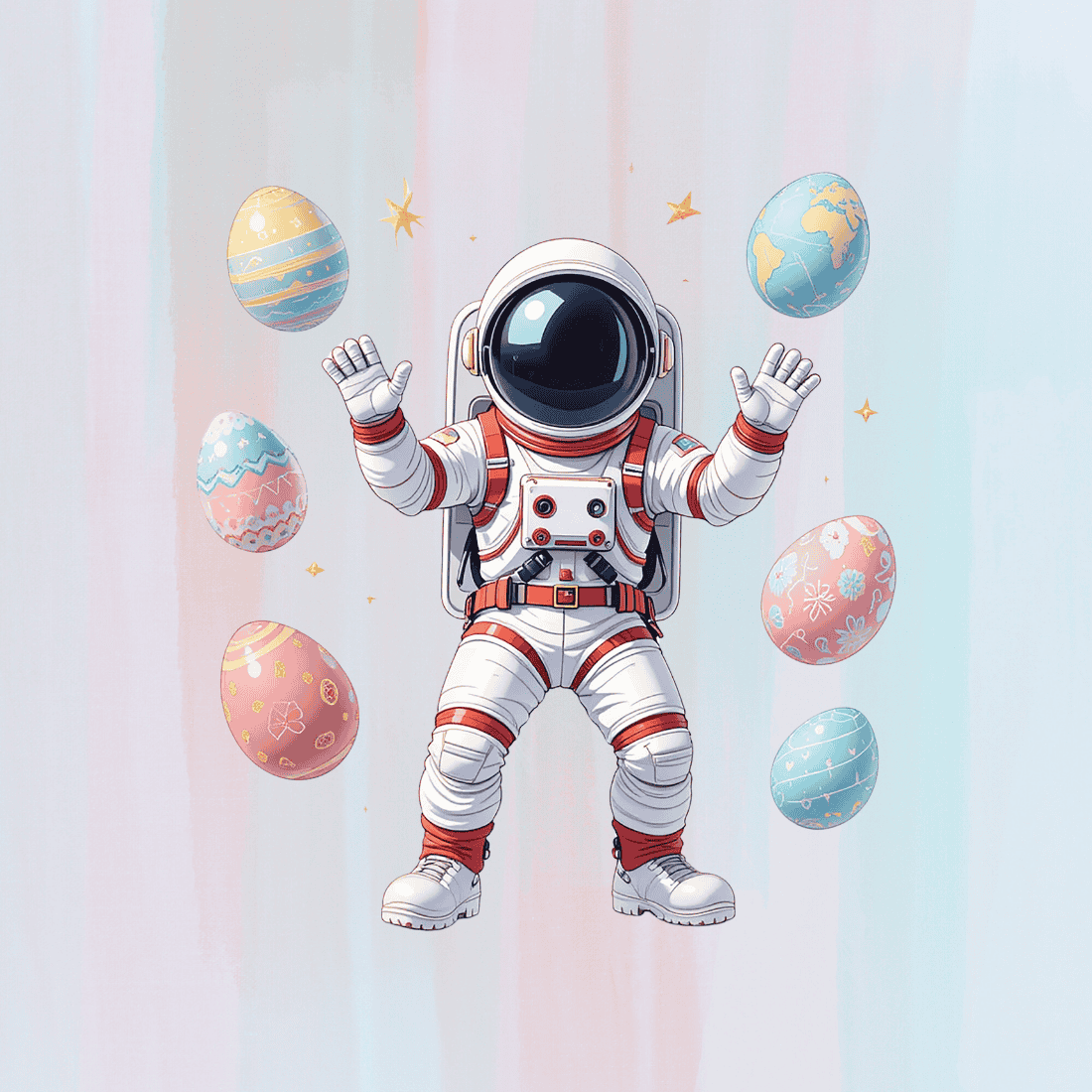 Cute astronaut With Colorful Eggs T-shirt Design preview image.