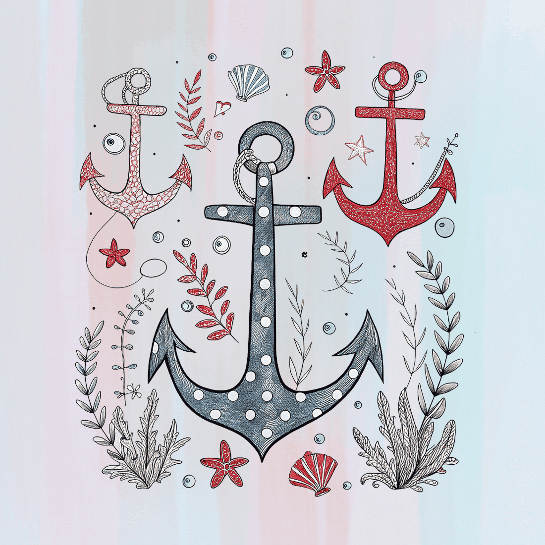 Nautical Element With Anchors and Shells T-shirt Design preview image.