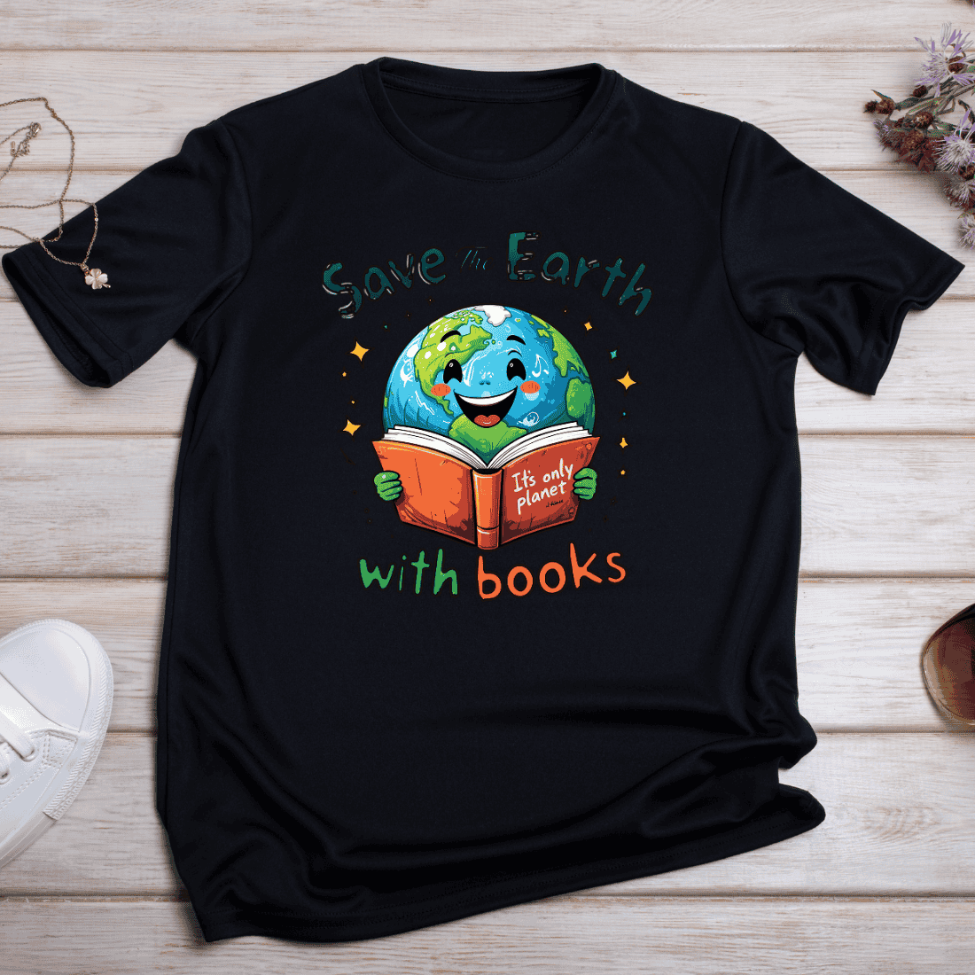 Save The Earth with Books T-shirt Design preview image.