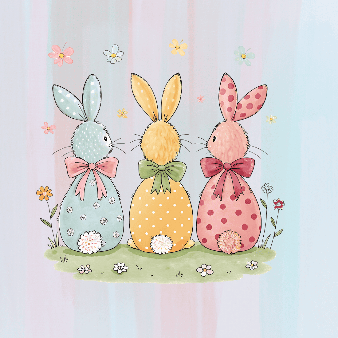 Three Whimsical Bunnies with Bows T-shirt Design preview image.