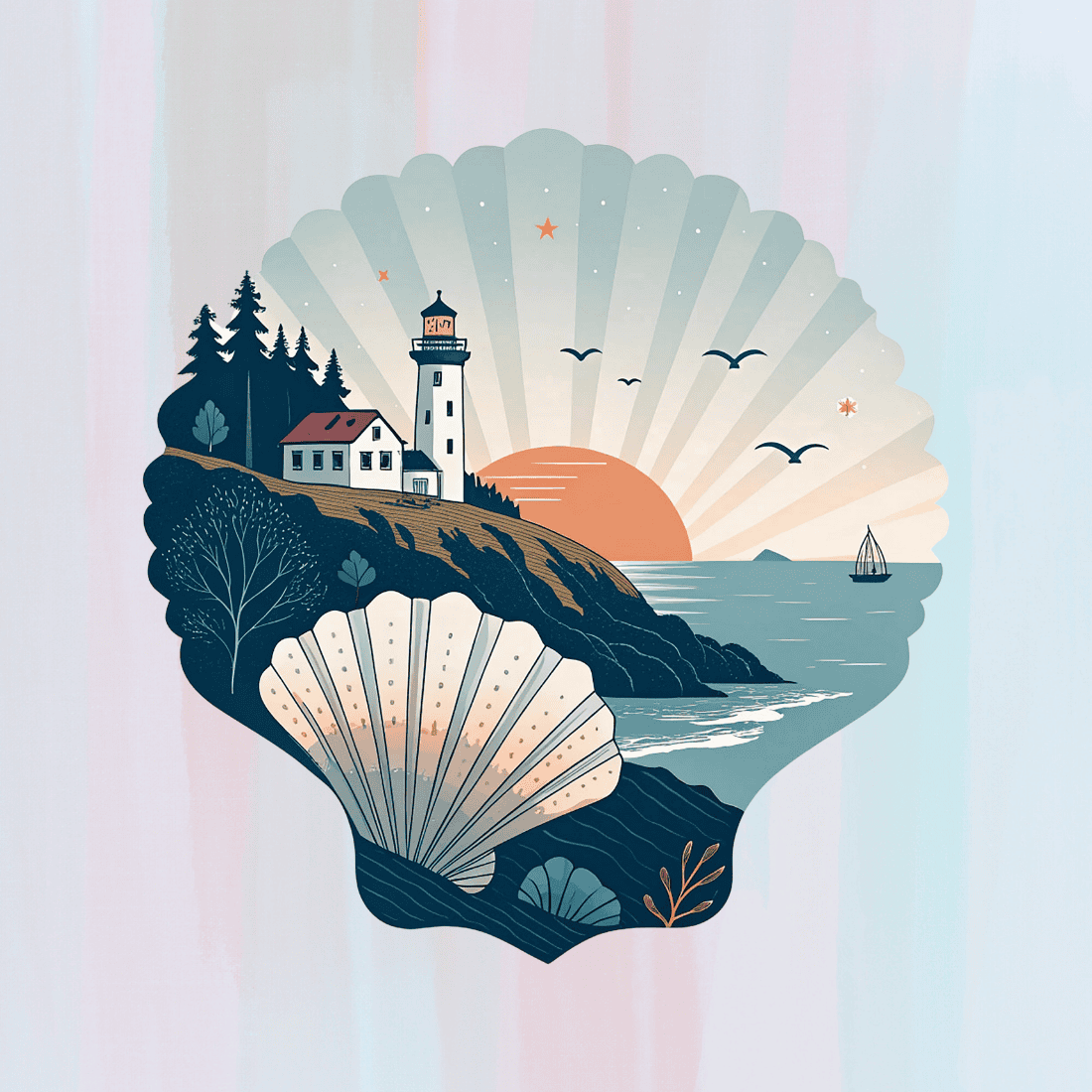 Seashell with Lighthouse on Cliff at Sunset T-shirt Design preview image.