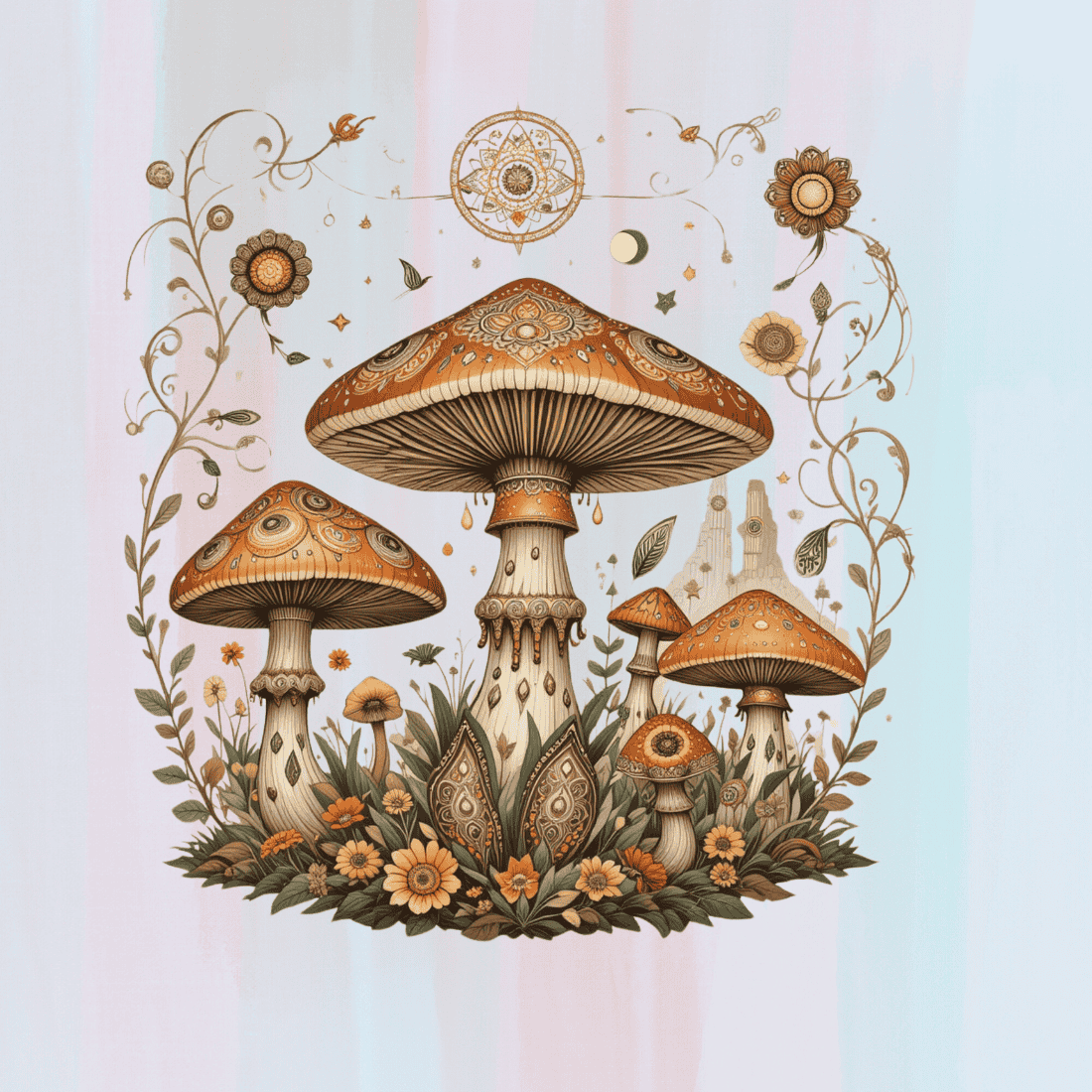 Mystical Mushroom Group T-shirt Design preview image.