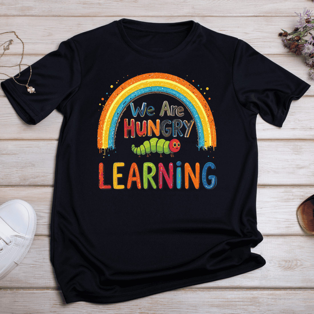 Rainbow and Caterpillar Learning T-shirt Design preview image.