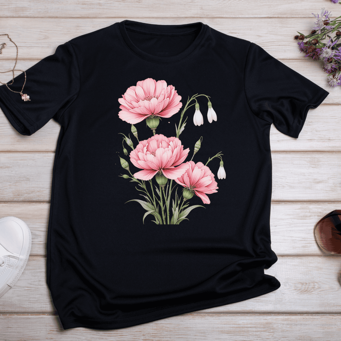 Pink Peony and Snowdrop T-shirt Design preview image.