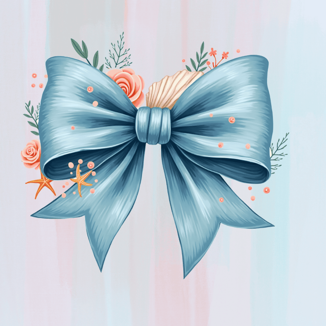 Blue Bow with Roses and Starfish T-shirt Design preview image.