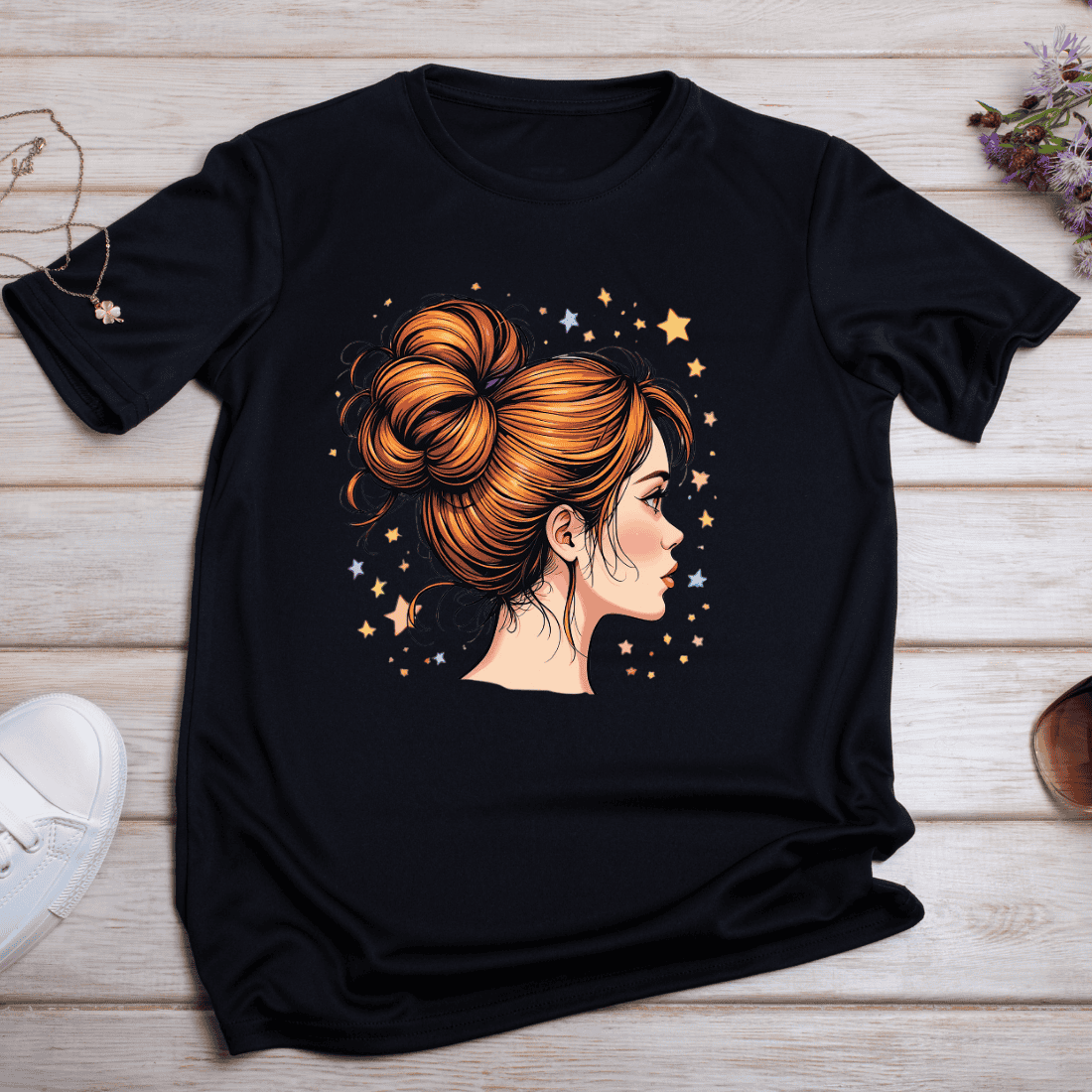 Whimsical Hair Bun with Stars T-shirt Design preview image.