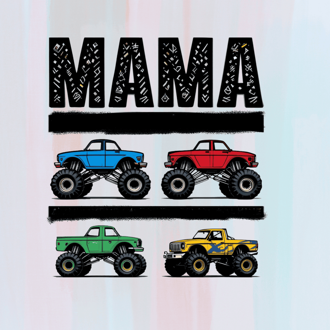 Monster Trucks with Mama Text T-shirt Design preview image.