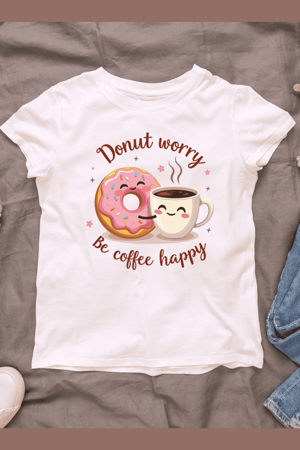 Donut Worry Be Coffee Happy T-shirt Design Bundle pinterest preview image.