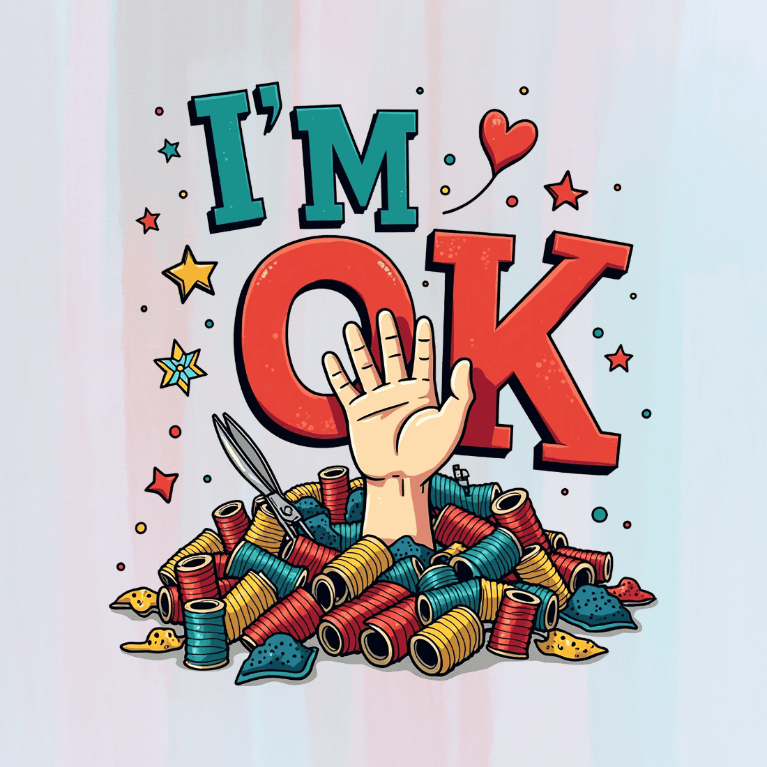 I'm OK - Hand Reaching from Spools of Thread T-shirt Design preview image.