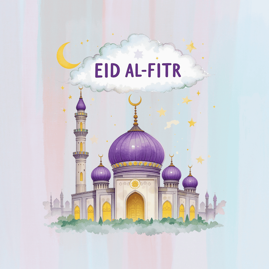 Colorful Mosque with Eid al-Fitr Text T-shirt Design preview image.