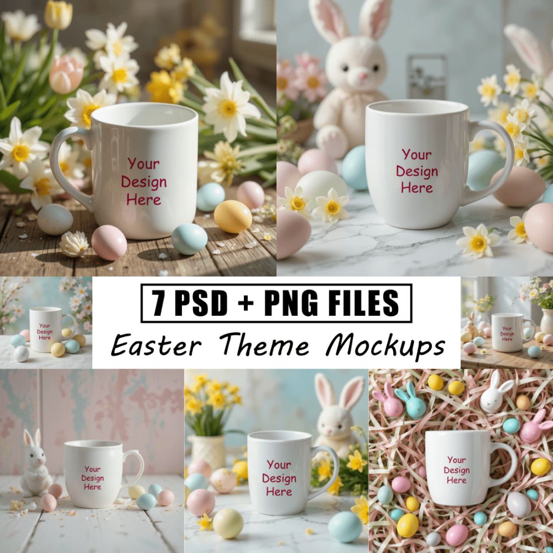 7 Easter Mug Mockups | High-Quality PSD & PNG Files | Perfect for POD & Branding preview image.