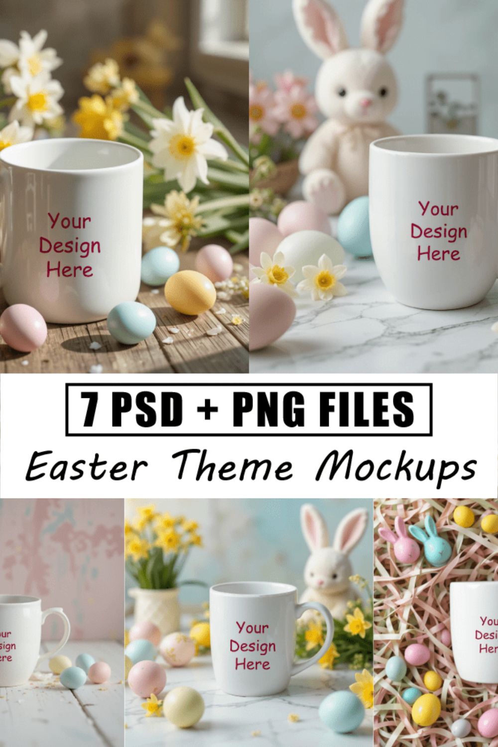 7 Easter Mug Mockups | High-Quality PSD & PNG Files | Perfect for POD & Branding pinterest preview image.