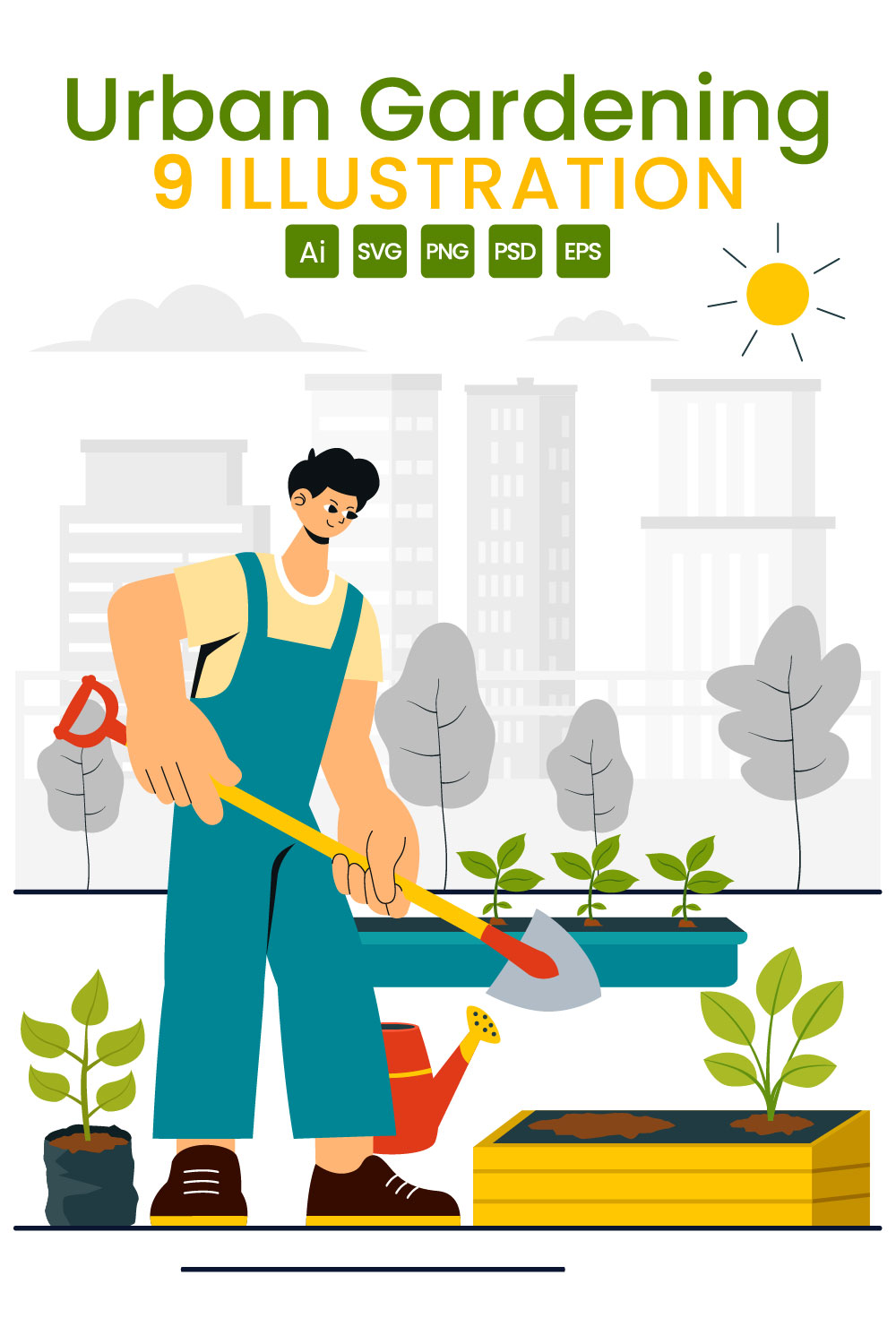 9 Urban Gardening Illustration pinterest preview image.