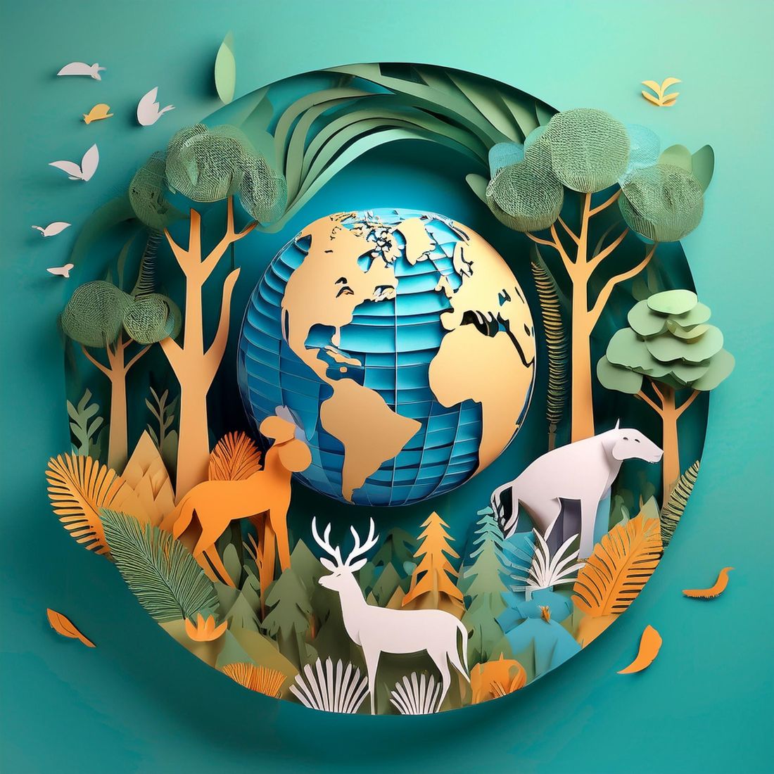 Vibrant Paper Cutout Forest Scene with Wildlife and Earth Symbol cover image.