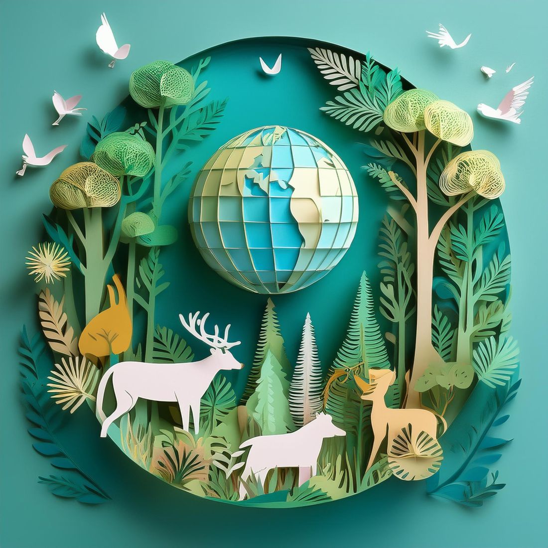 Vibrant Paper Cutout Forest Scene with Wildlife and Earth Symbol preview image.