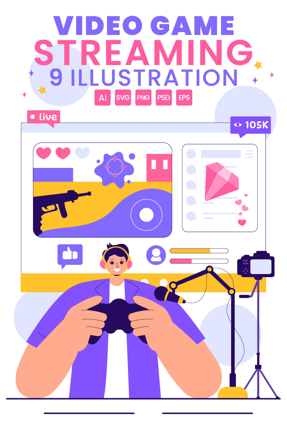 9 Video Game Streaming Illustration pinterest preview image.