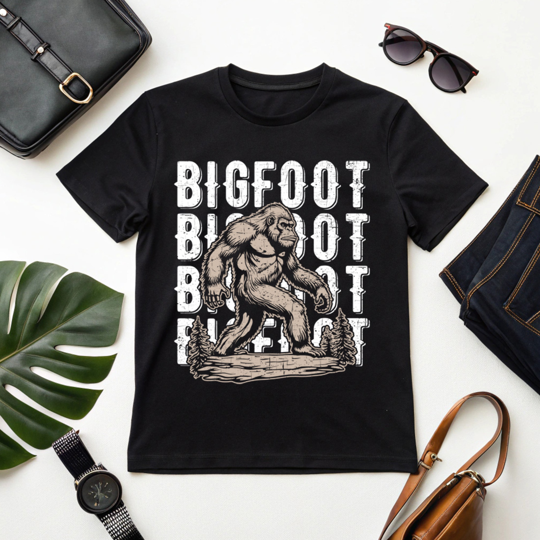 vintage bigfoot t-shirt design with distressed text and forest background cover image.