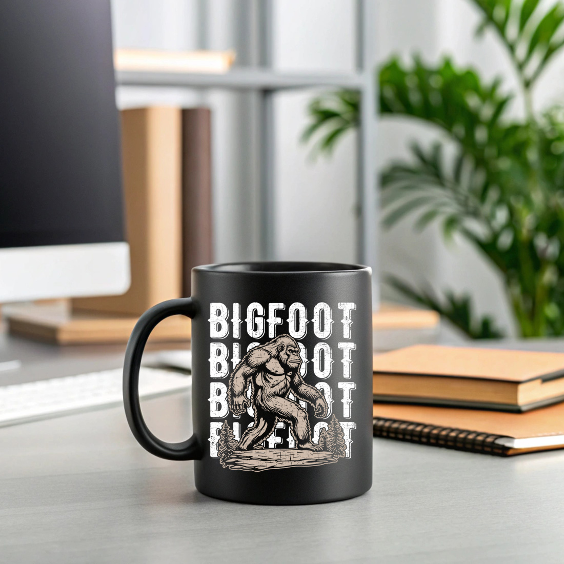 vintage bigfoot t shirt design with distressed text and forest background 2 black mug mock up 850