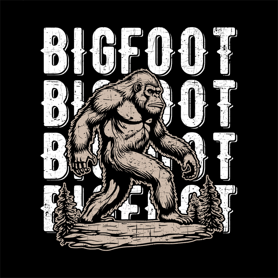 vintage bigfoot t-shirt design with distressed text and forest background preview image.