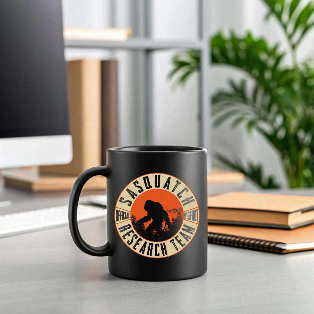 vintage sasquatch research team t shirt design with retro distressed style 2 black mug mock up 986