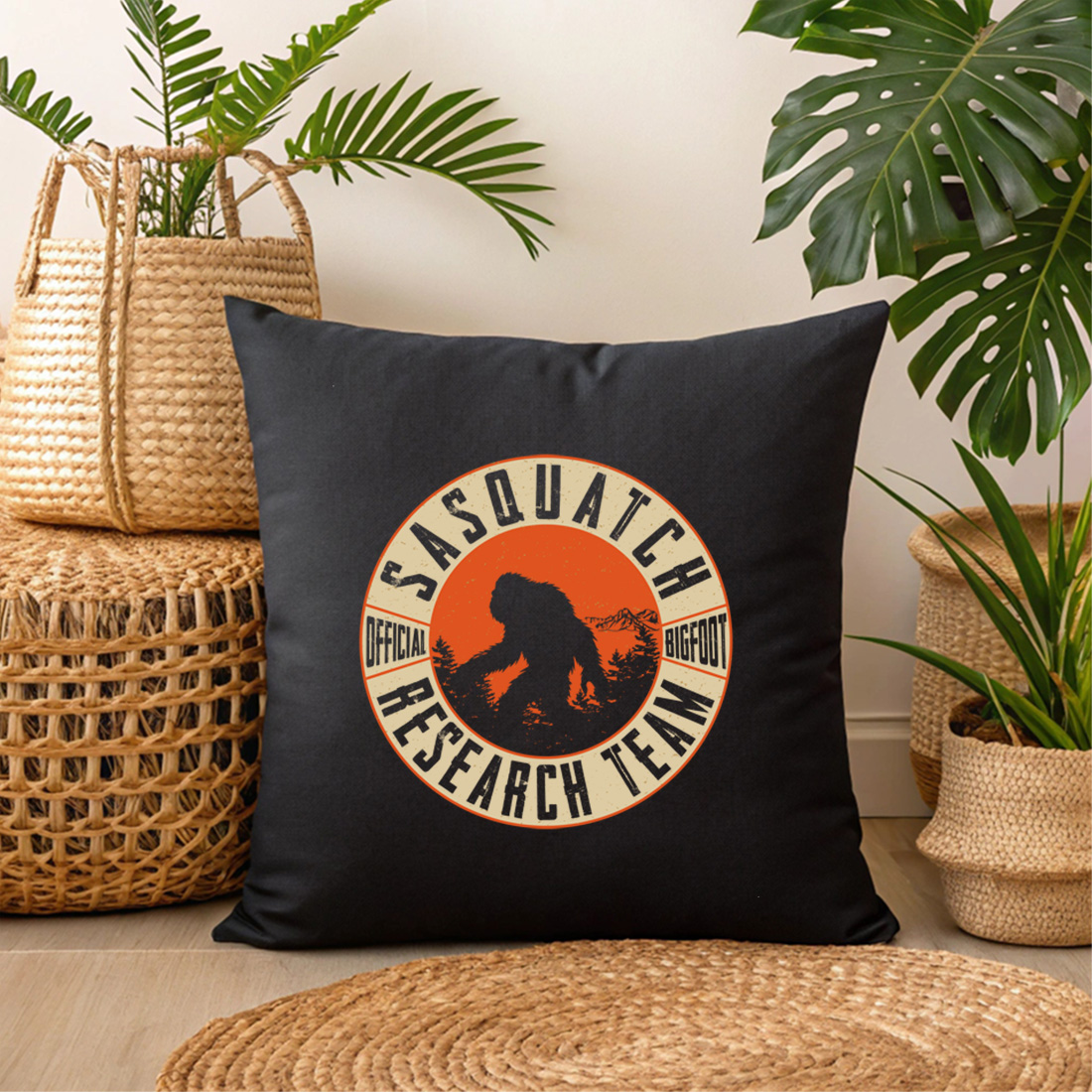 vintage sasquatch research team t shirt design with retro distressed style 3 black pillow mock up 552