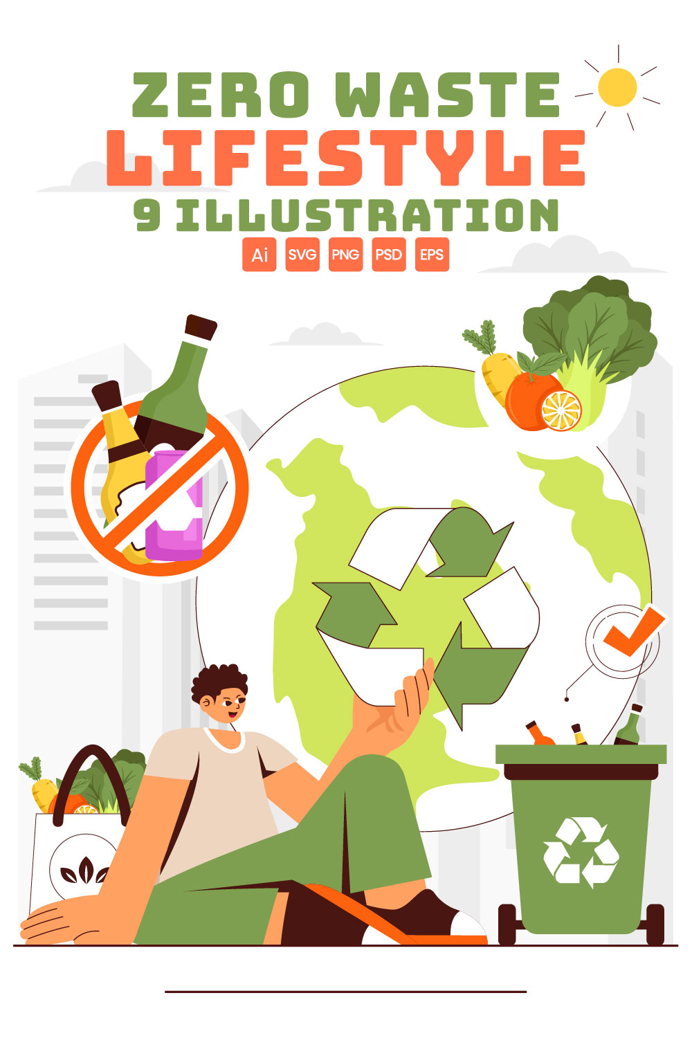 9 Zero Waste Lifestyle Illustration pinterest preview image.