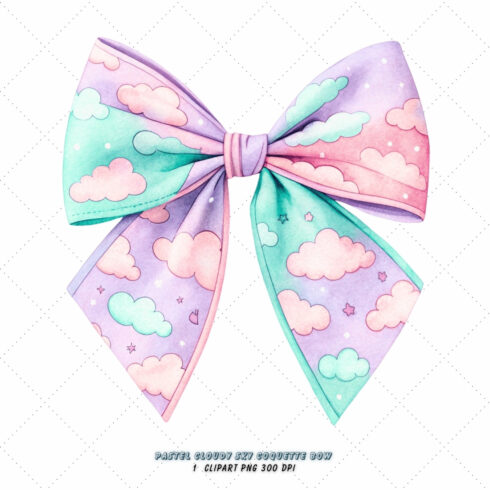 Pastel Cloudy Sky Coquette Bow Clipart, pastel cloudy bow, sky coquette bow, whimsical bow design, cloudy sky clipart, digital bow design, delicate pastel bow, sky bow art, pastel whimsical design, coquette bow art, sky sublimation design cover image.