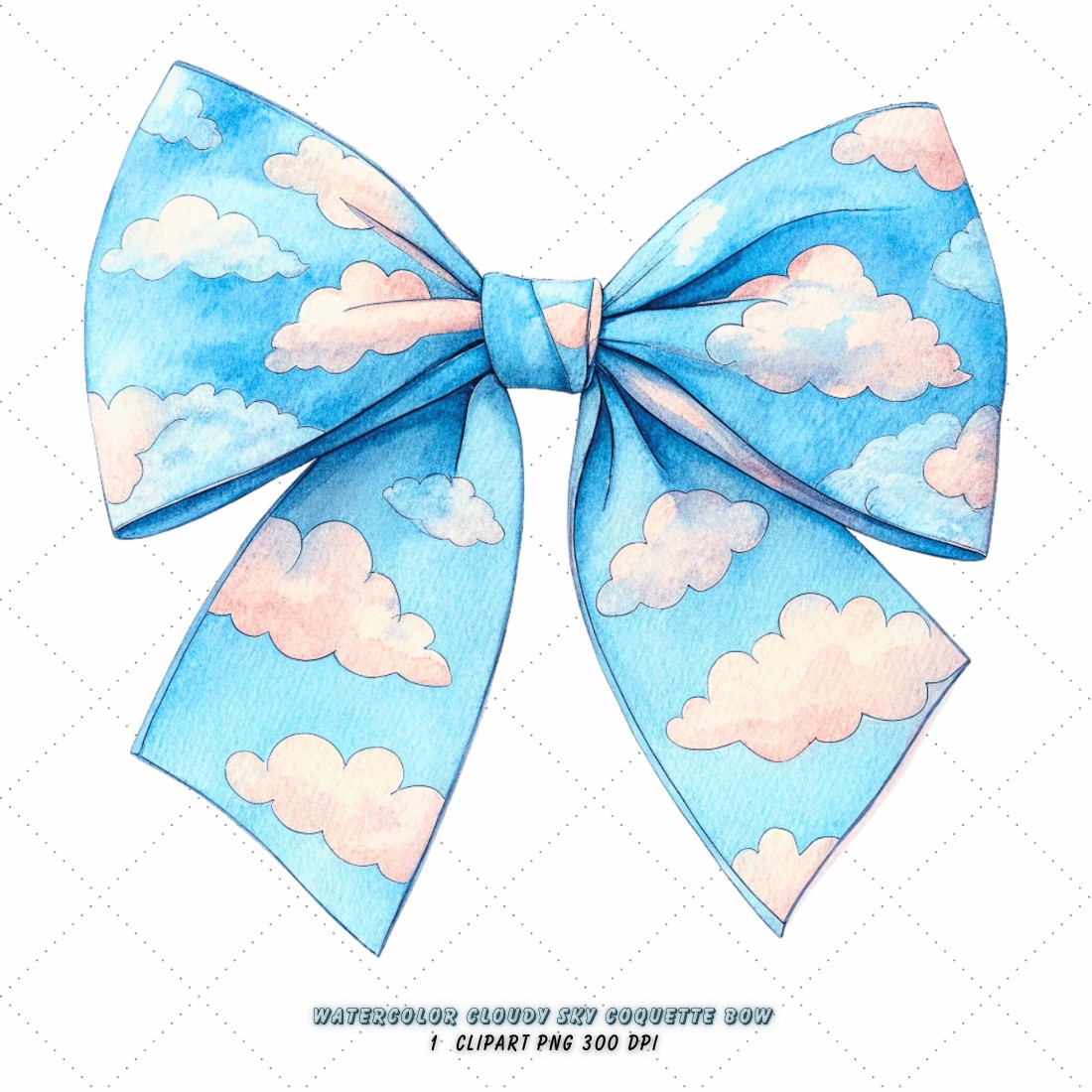 Watercolor Cloudy Sky Coquette Bow Clipart, watercolor cloudy bow, sky coquette bow, artistic bow design, cloudy sky clipart, digital bow design, blended watercolor bow, sky bow art, watercolor artistic design, coquette bow art, sky sublimation design cover image.