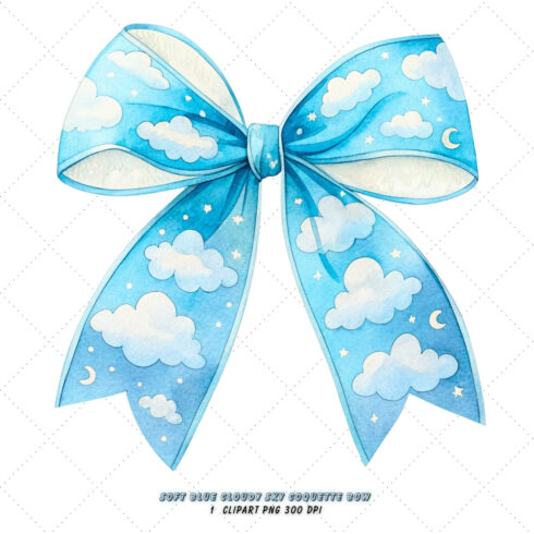 Soft Blue Cloudy Sky Coquette Bow Clipart, soft blue bow, cloudy sky bow, dreamy bow design, blue sky clipart, digital bow design, soft cloudy bow, sky bow art, blue dreamy design, coquette bow art, sky sublimation design cover image.