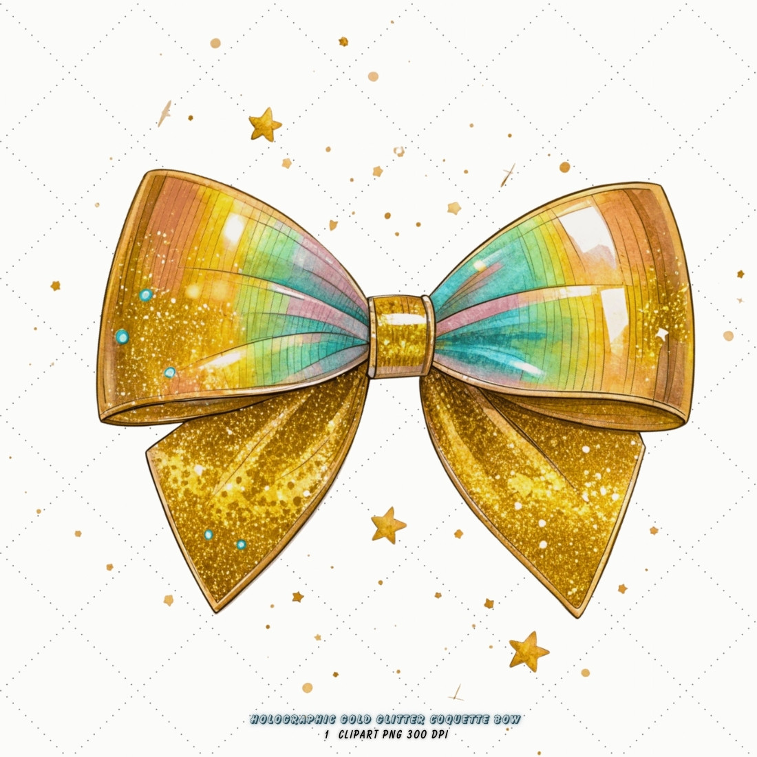 Holographic Gold Glitter Coquette Bow Clipart, olographic gold bow, glitter coquette bow, iridescent bow design, gold glitter clipart, digital bow design, futuristic holographic bow, glitter bow art, holographic glitter design, coquette bow art, gold sublimation design cover image.