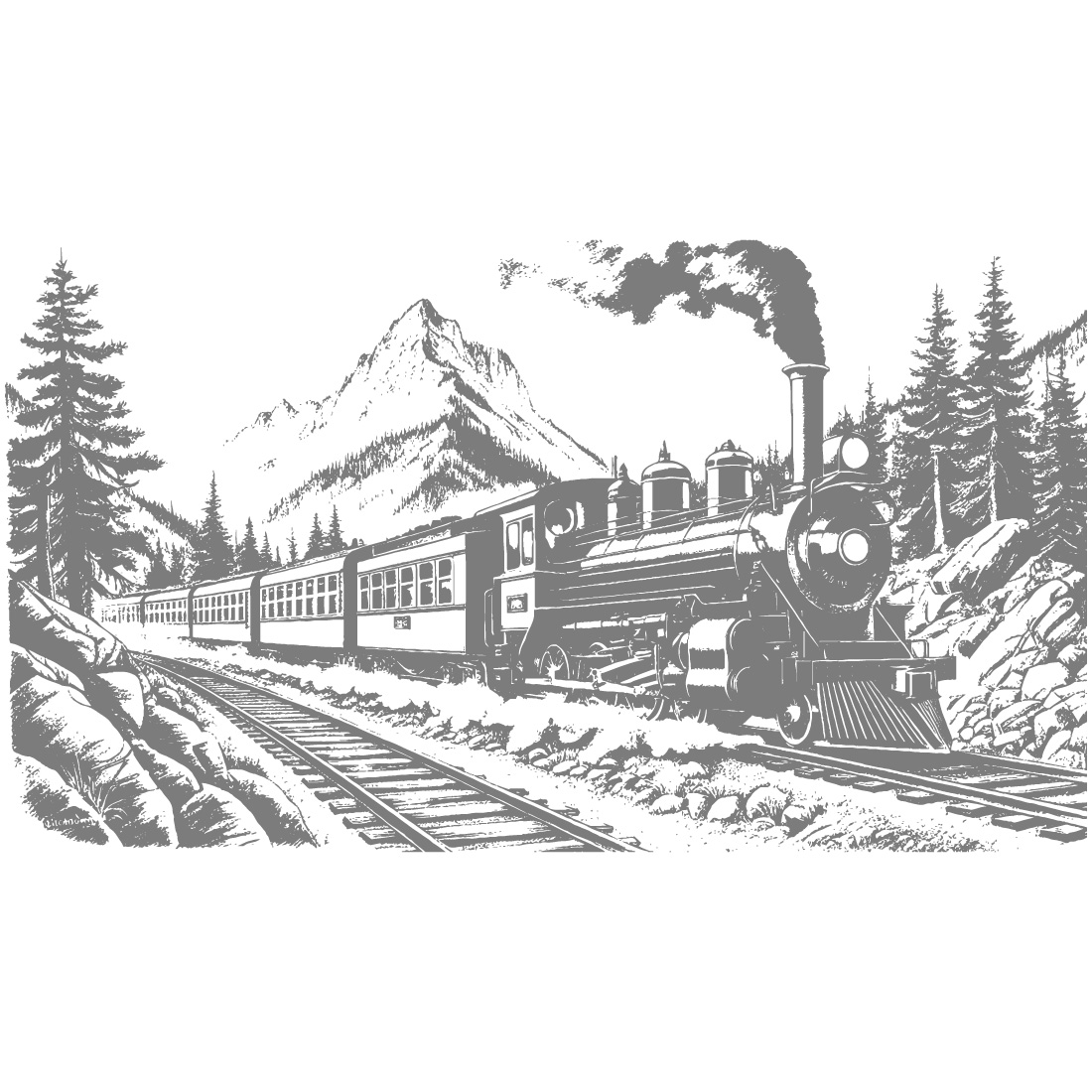 Vintage train journey through the mountains hand sketch design preview image.