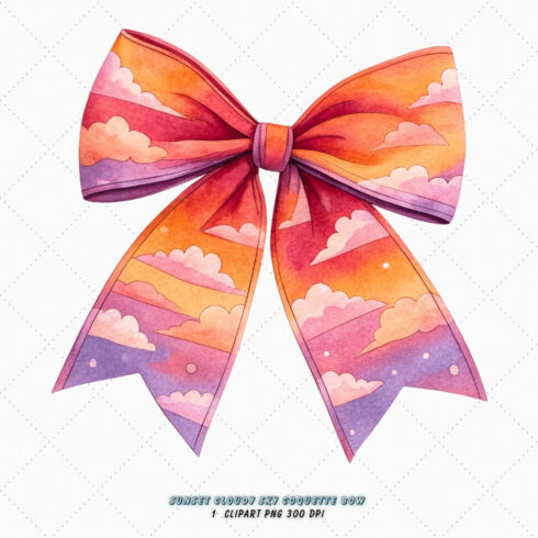 Sunset Cloudy Sky Coquette Bow Clipart, sunset cloudy bow, sky coquette bow, warm bow design, cloudy sky clipart, digital bow design, vibrant sunset bow, sky bow art, sunset warm design, coquette bow art, sky sublimation design, cover image.